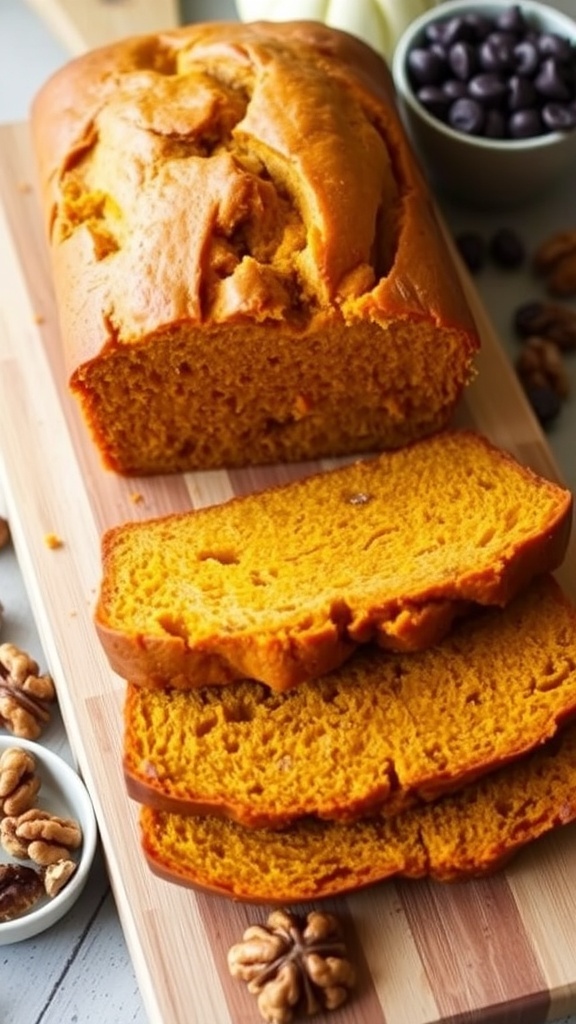 Moist Pumpkin Bread without Pumpkin Pie Spice A golden-brown loaf of pumpkin bread sliced on a wooden board, with walnuts and chocolate chips.